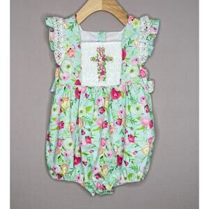 Addie & Hadlie Blue-Green Floral Smocked Cross Bubble Romper Girls 3T
